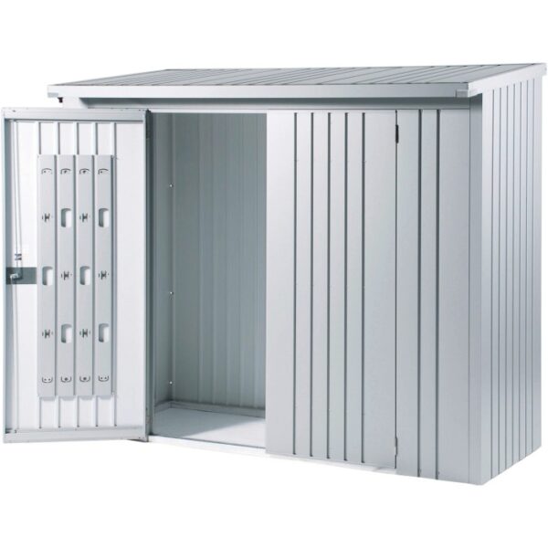 Pacchetto porta Biohort per WoodStock 150, grigio scuro metallizzato, con porta aperta e sistema di stoccaggio.