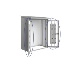 Pacchetto porta Biohort per WoodStock 150, argento metallizzato, con serratura a cilindro con maniglia girevole e sistema di organizzazione.