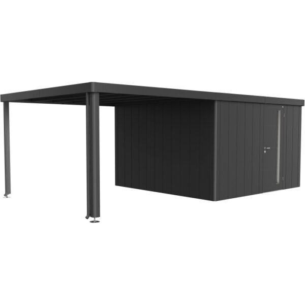 Tetto laterale Biohort in grigio scuro metallizzato su casetta da giardino Neo. Accessorio metallico per casetta da giardino.