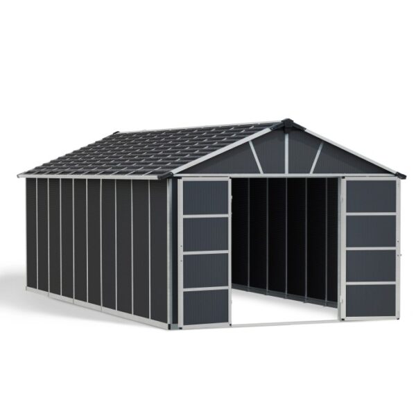 Casetta da giardino in metallo Palram Yukon, 21,3 m², antracite con porte scorrevoli aperte.