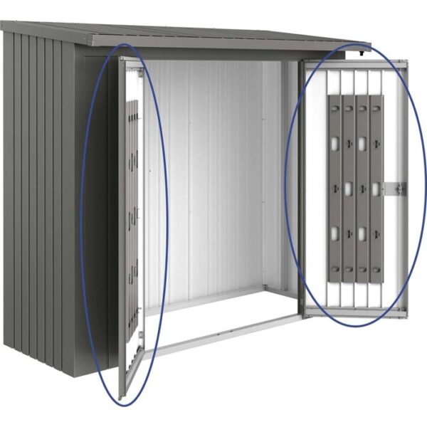 Pacchetto porta Biohort per WoodStock 230, grigio quarzo metallizzato, con serratura a cilindro con maniglia girevole.