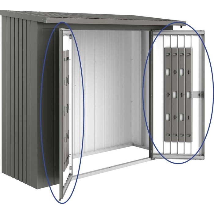 Pacchetto porta Biohort per WoodStock 230, grigio quarzo metallizzato, con serratura a cilindro con maniglia girevole.