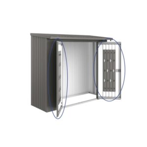 Pacchetto porta Biohort per legnaia WoodStock 230, grigio quarzo metallizzato, con sistema di stoccaggio.