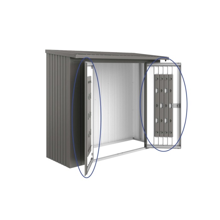 Pacchetto porta Biohort per legnaia WoodStock 230, grigio quarzo metallizzato, con sistema di stoccaggio.