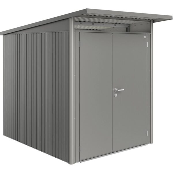 Casetta da giardino in metallo Biohort AvantGarde A2 grigio quarzo metallizzato con doppia porta.