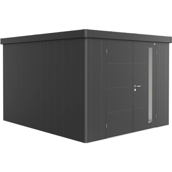 Casetta da giardino Biohort Neo 4C con doppia porta in grigio scuro metallizzato. Design moderno per il giardino.