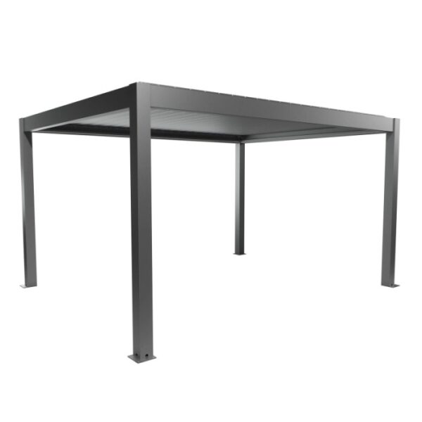 Pergola Biohort 4,5x3,5m in grigio quarzo metallizzato, una copertura moderna per terrazzi con lamelle.