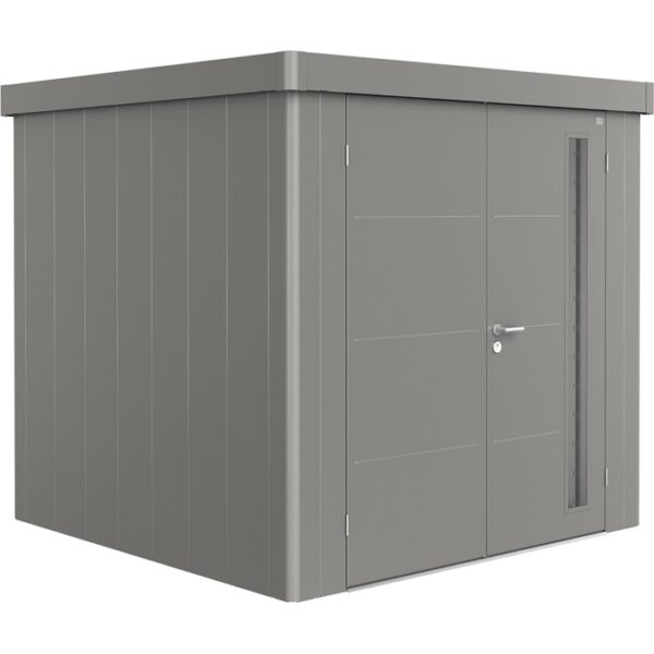 Casetta da giardino Biohort Neo 2B con doppia porta in grigio quarzo metallizzato. Design moderno per il tuo giardino.