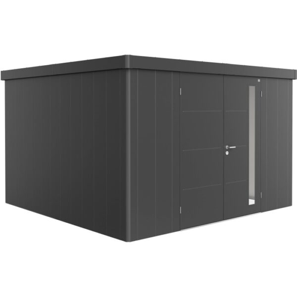 Casetta da giardino Biohort Neo 4D con doppia porta in grigio scuro metallizzato. Design moderno per il tuo giardino.