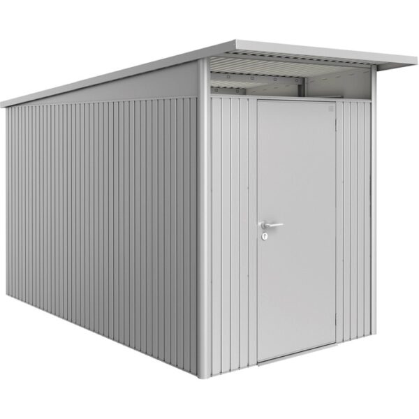 Casetta da giardino in metallo Biohort AvantGarde A4, argento metallizzato, con porta standard. Ideale per riporre gli oggetti.