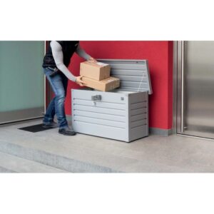 Biohort Paketbox 100 aperta, argentata, con pacchi. Box universale per deposito sicuro dei pacchi.