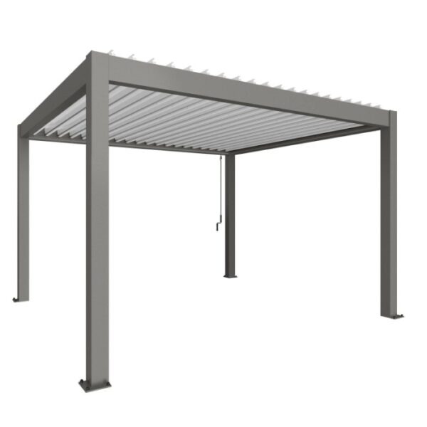 Pergola Biohort 4x3,5m in quarzo bianco: copertura moderna per terrazzi con lamelle e drenaggio.