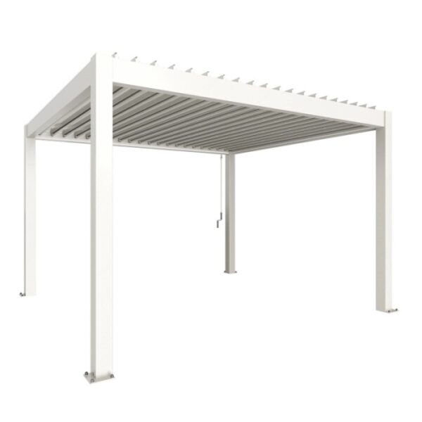 Pergola Biohort bianca 4 x 3,5 m con tetto a lamelle per terrazza e giardino.