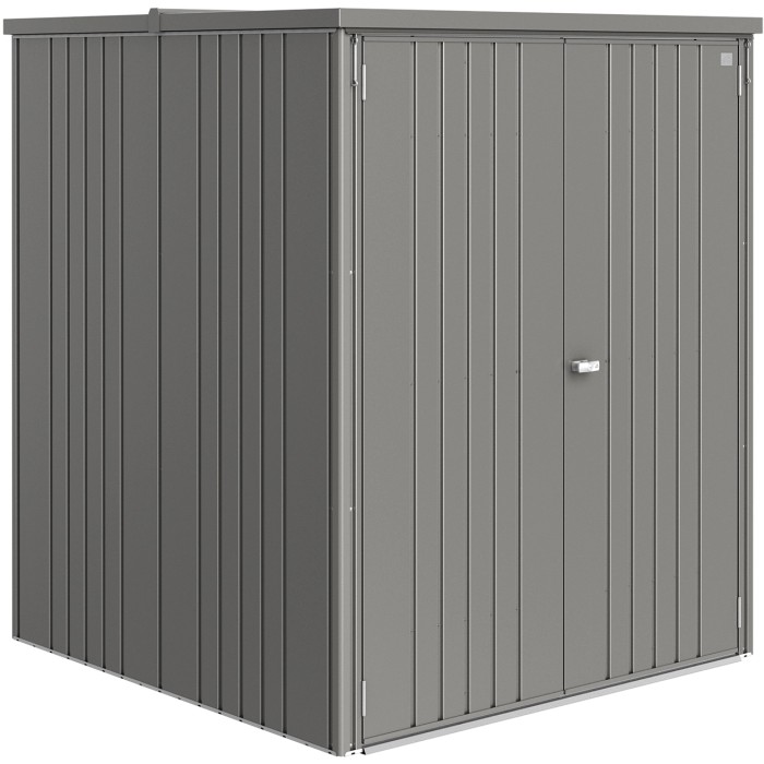 Casetta da giardino Biohort Large in grigio quarzo metallizzato, ideale per riporre gli attrezzi da giardino.