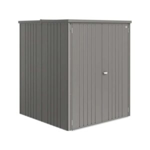 Casetta da giardino in metallo grigio con listelli verticali.
