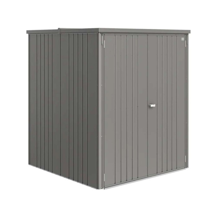 Casetta da giardino in metallo grigio con listelli verticali.