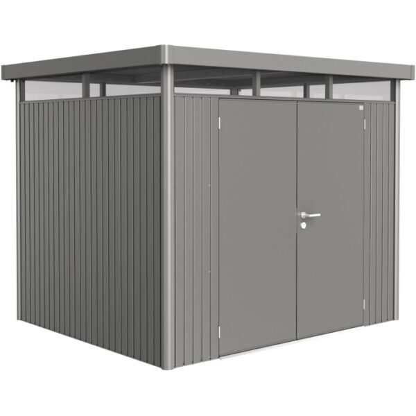 Casetta da giardino in metallo Biohort HighLine, grigio quarzo metallizzato, 5,6 m² con doppia porta.