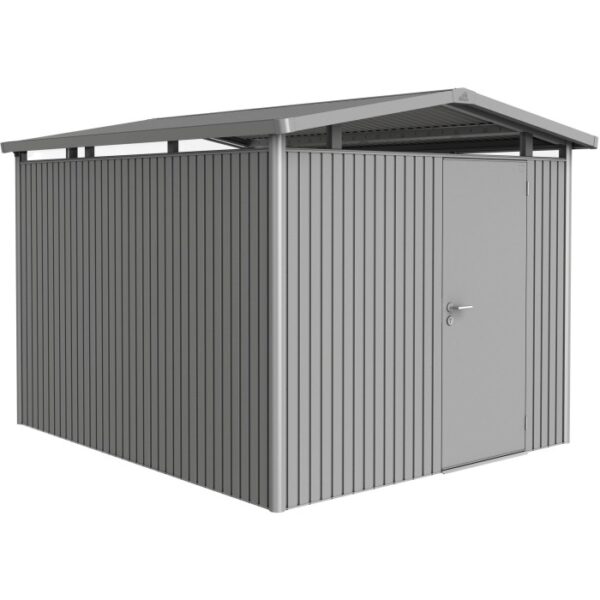 Casetta da giardino in metallo Biohort Panorama, grigio quarzo, 7,6 m² con porta. Casette da giardino per esterni.