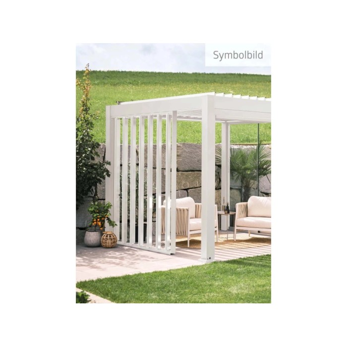Pannello laterale a lamelle Biohort 2,5 m bianco su pergola, protezione flessibile da vento e intemperie.