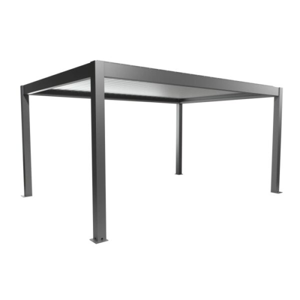 Pergola Biohort 5 x 3,5 m in quarzo argento, una moderna copertura per patio con lamelle.