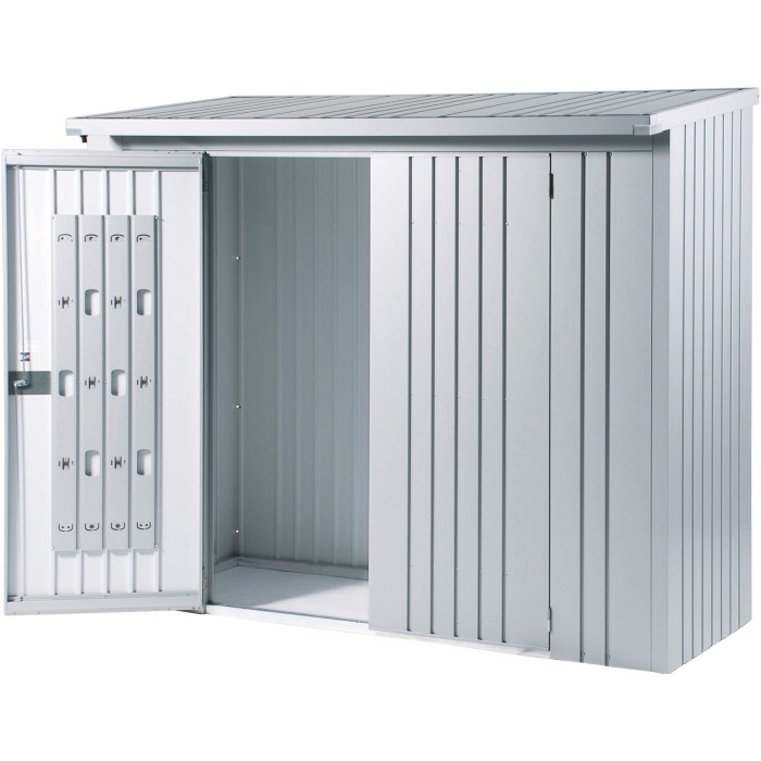 Pacchetto porta Biohort per WoodStock 150, grigio scuro metallizzato, con porta aperta e sistema di stoccaggio.