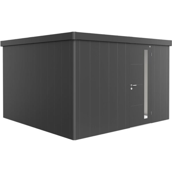 Casetta da giardino Biohort Neo 4D in grigio scuro metallizzato con porta standard. Design moderno per il tuo giardino.
