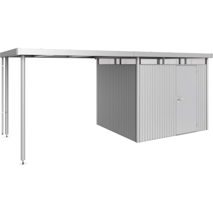 Tetto laterale Biohort taglia L, argento metallizzato, per casetta da giardino HighLine H3. Spazio di stoccaggio aggiuntivo coperto.