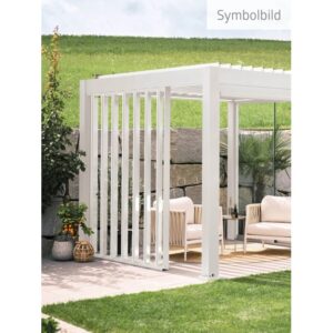 Pannello laterale a lamelle Biohort bianco (2 m) con pannello terminale su tettoia per patio.