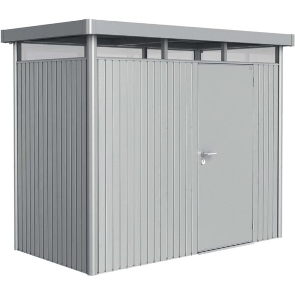 Casetta da giardino in metallo Biohort HighLine, 3,5 m², argento metallizzato con porta singola.