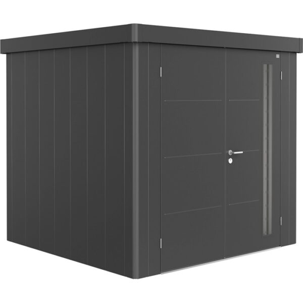 Casetta da giardino Biohort Neo 2B con doppia porta in grigio scuro metallizzato. Design moderno per giardino e attrezzi.