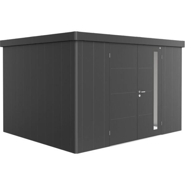 Casetta da giardino Biohort Neo 3D in grigio scuro metallizzato con doppia porta e finestra.