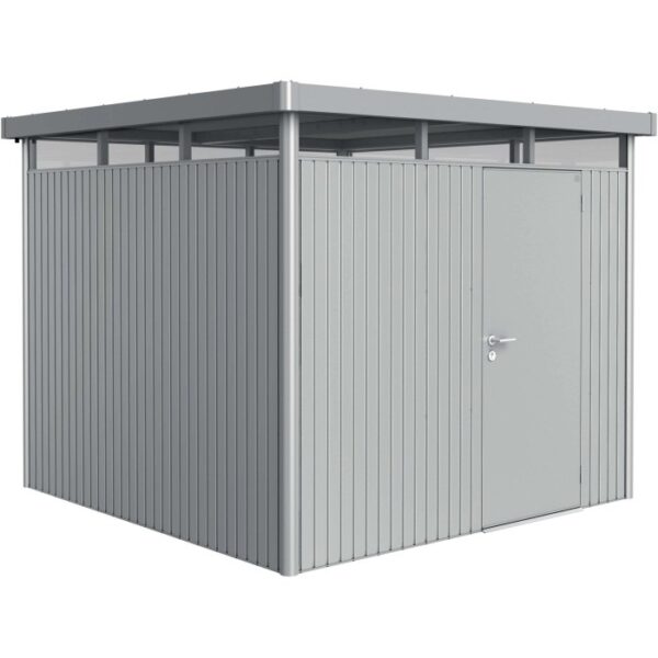 Casetta da giardino in metallo Biohort HighLine, 6,6 m², argento metallizzato con porta singola.