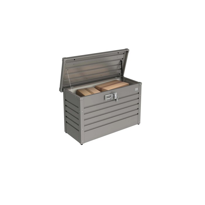 Biohort Paket-Box 100 aperta in grigio quarzo metallizzato con pacchi. Box universale antifurto per servizi di spedizione.