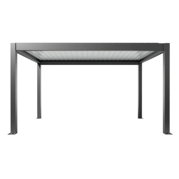 Pergola Biohort 4,5x3m in grigio scuro e bianco, una moderna copertura per patio con lamelle regolabili.