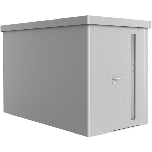 Casetta da giardino Biohort Neo 4A in metallo argentato con porta standard. Ideale per il giardino.