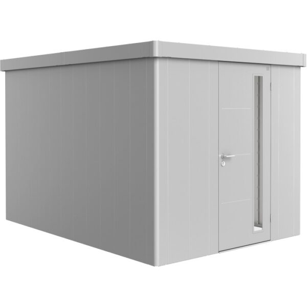 Casetta da giardino Biohort Neo 4B in metallo argentato con porta standard e finestra.