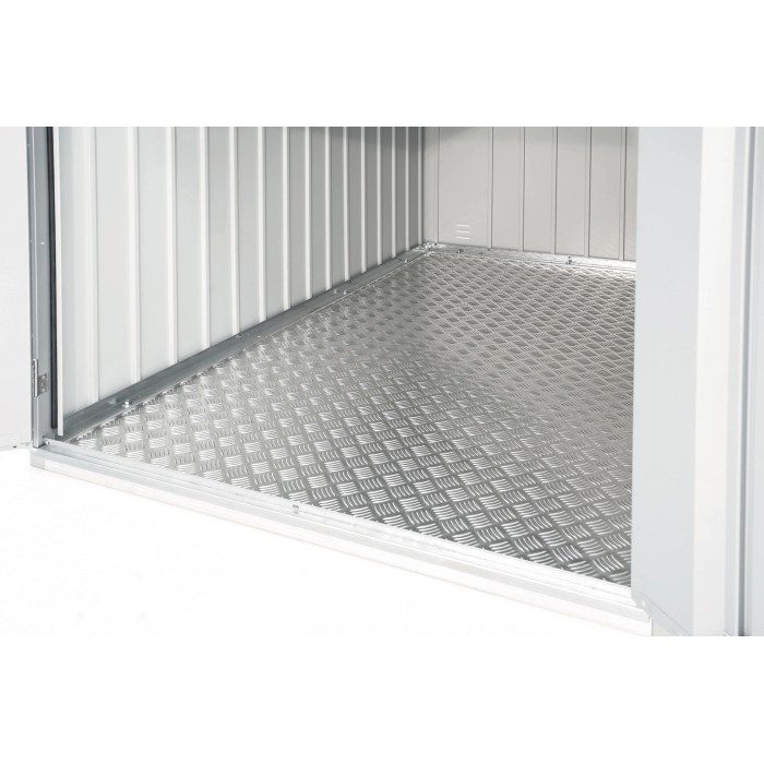 Piastra di base Biohort per mini garage con pavimento interno in lamiera di alluminio mandorlata.