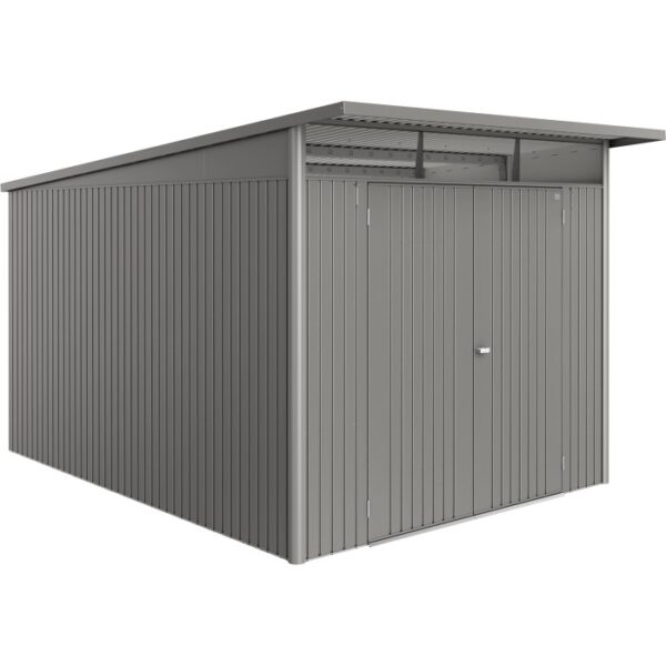 Casetta da giardino in metallo Biohort AvantGarde ECO Gr. A8, grigio quarzo metallizzato, con doppia porta.