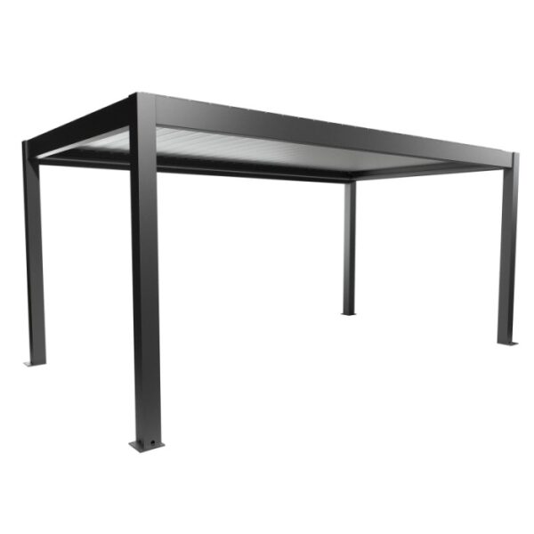 Pergola Biohort 5,5x3m in grigio scuro-argento, una moderna copertura per patio con lamelle regolabili.