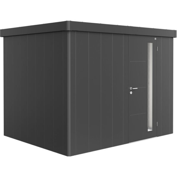 Casetta da giardino Biohort Neo 2C in grigio scuro metallizzato con porta e finestra.