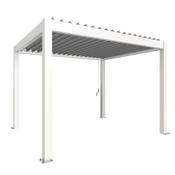 Pergola Biohort 3,5x3 m bianco-argento: copertura moderna per terrazzi con lamelle regolabili.