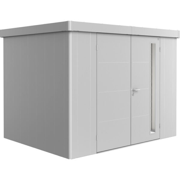 Casetta da giardino Biohort Neo 2C con doppia porta in argento metallizzato. Design moderno per giardino o cortile.