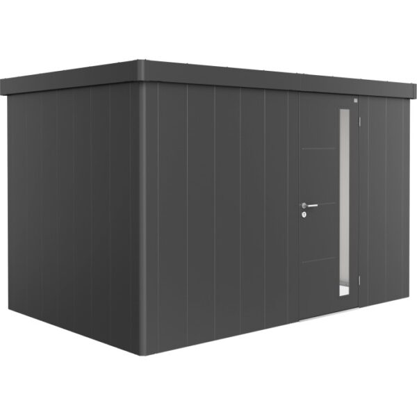 Moderno capanno da giardino Biohort Neo 2D grigio scuro con porta standard. Ideale per riporre gli oggetti in giardino.