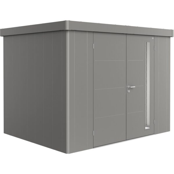 Casetta da giardino Biohort Neo 2C in grigio quarzo metallizzato con doppia porta e finestra.