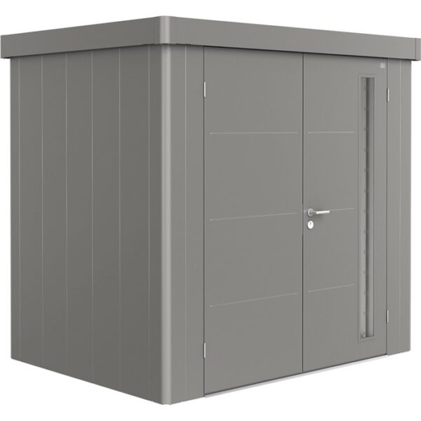 Casetta da giardino Biohort Neo 1B in grigio quarzo metallizzato con doppia porta e finestra.