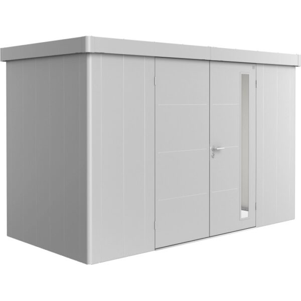 Casetta da giardino Biohort Neo 1D con doppia porta, argento metallizzato, in metallo.