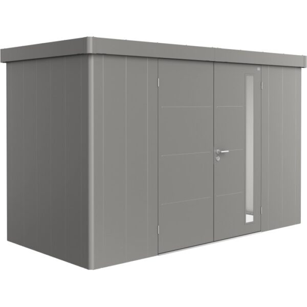 Casetta da giardino Biohort Neo 1D in grigio quarzo metallizzato con doppia porta e finestra.