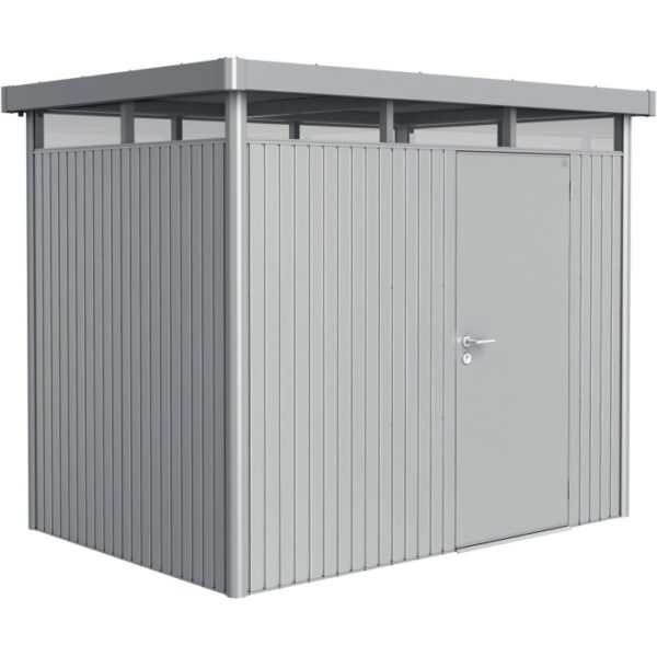 Casetta da giardino in metallo Biohort HighLine, 4,6 m², argento metallizzato con porta singola.