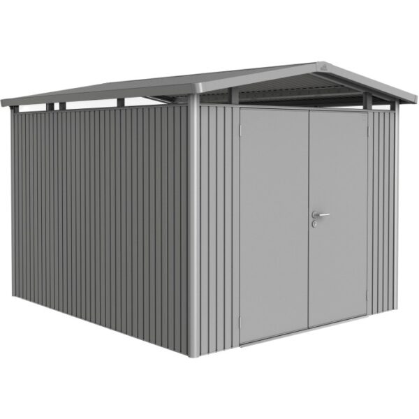 Casetta da giardino in metallo Biohort Panorama, grigio quarzo, 7,6 m², con doppia porta. Ideale per riporre gli oggetti in giardino.