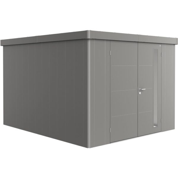 Casetta da giardino Biohort Neo 4C in grigio quarzo metallizzato con doppia porta. Casetta moderna in metallo.